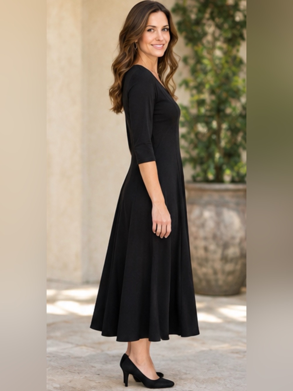 Simply Basic V-neck knit flare dress with 3/4 length sleeves & princess seams